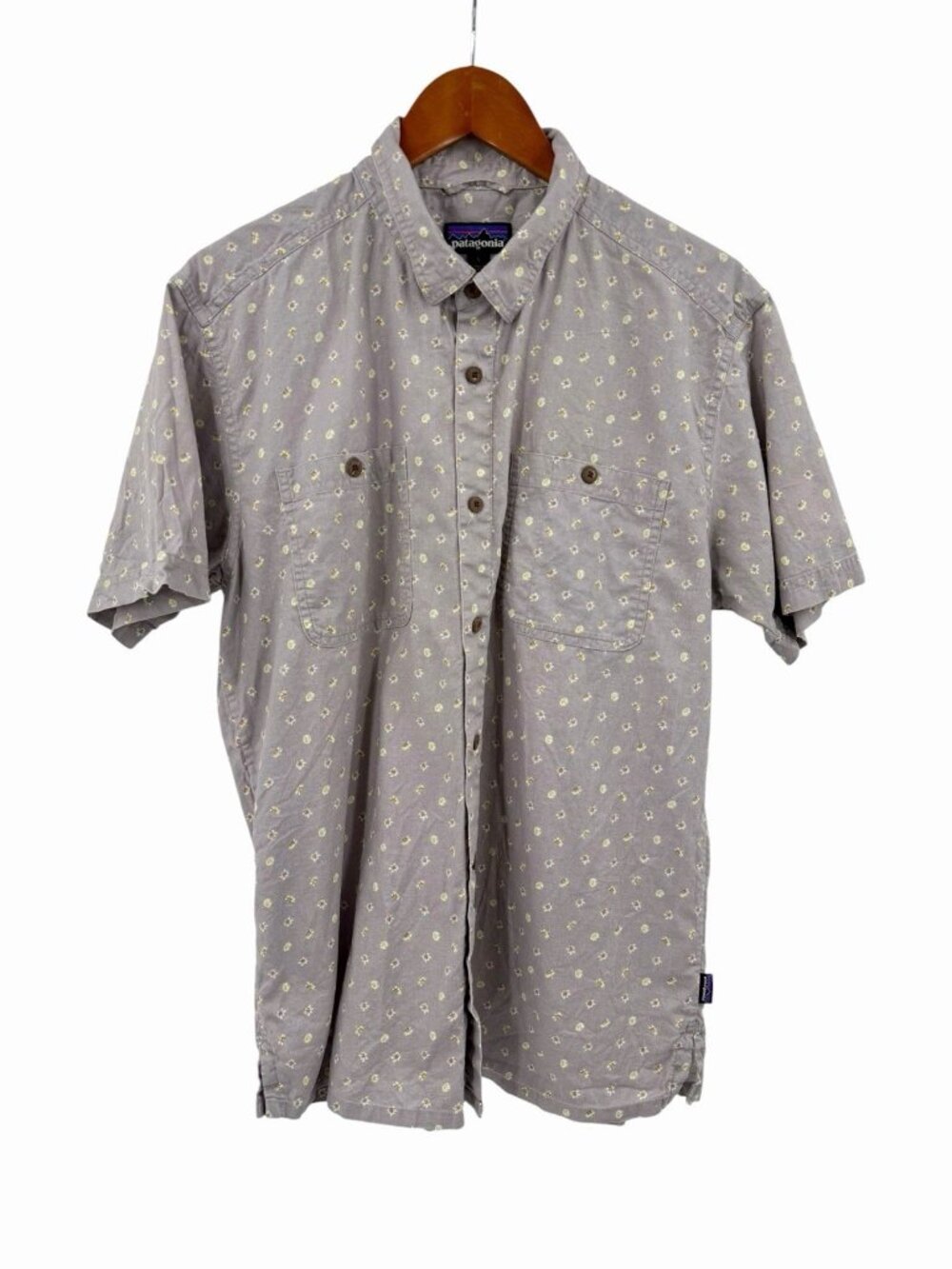 PATAGONIA Men's Light Gray Short Sleeve Sunflower Hemp/Cotton Button Down Large